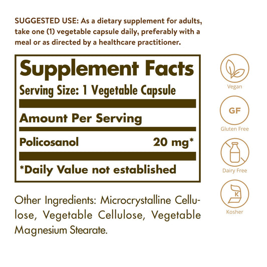Solgar Policosanol 20 mg capsules label highlighting ingredients.