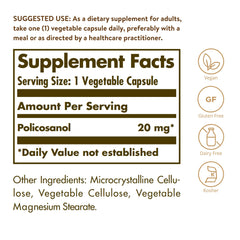 Solgar Policosanol 20 mg capsules label highlighting ingredients.