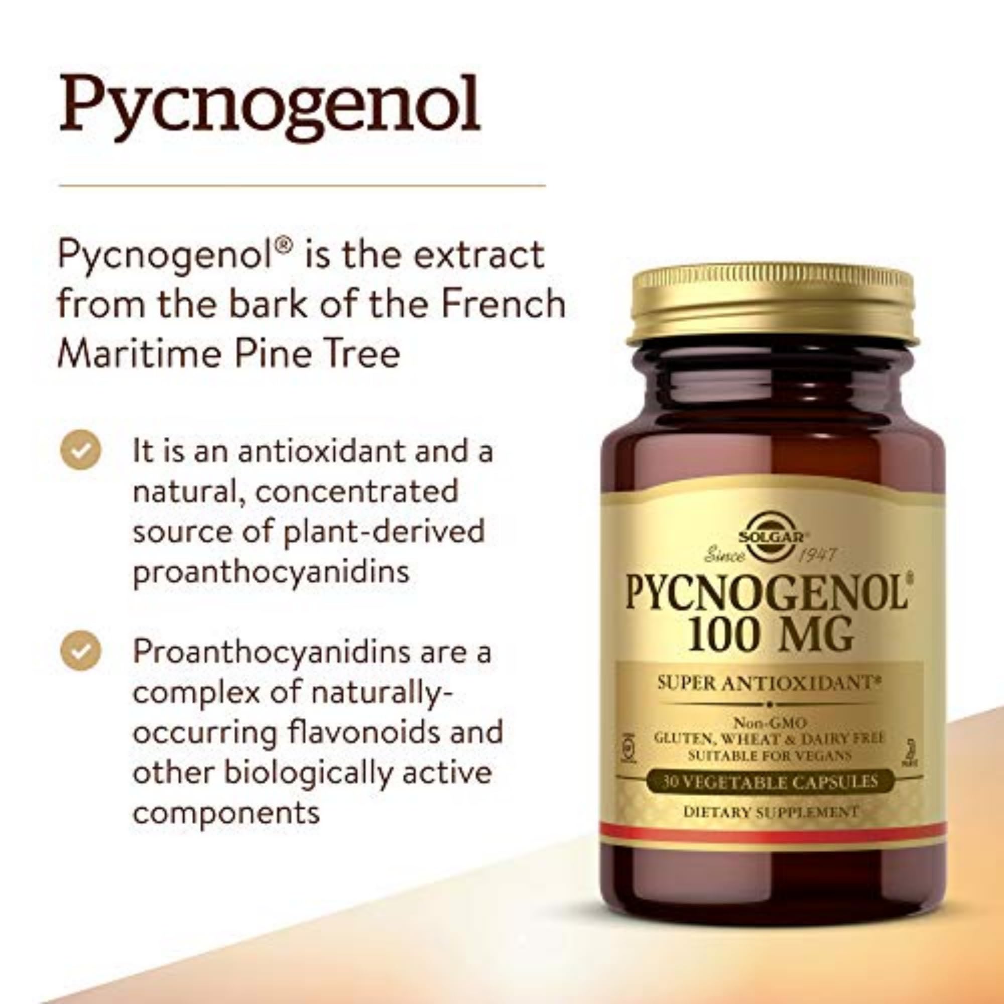 Solgar Pycnogenol capsules closeup highlighting plant-based ingredients for daily use.