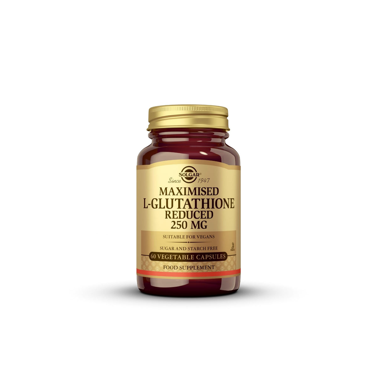 Solgar reduced L-glutathione 250 mg bottle front for daily antioxidant support.