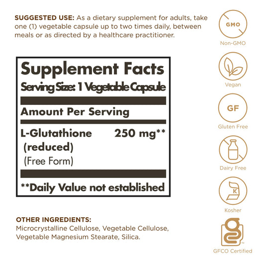 Solgar Reduced L-Glutathione capsules close-up; vegan, non-GMO antioxidant support.