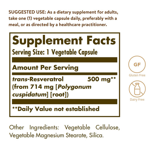 Solgar Resveratrol 500 mg bottle label close-up highlighting polyphenol content