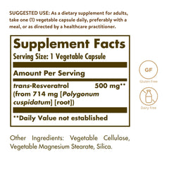 Solgar Resveratrol 500 mg bottle label close-up highlighting polyphenol content