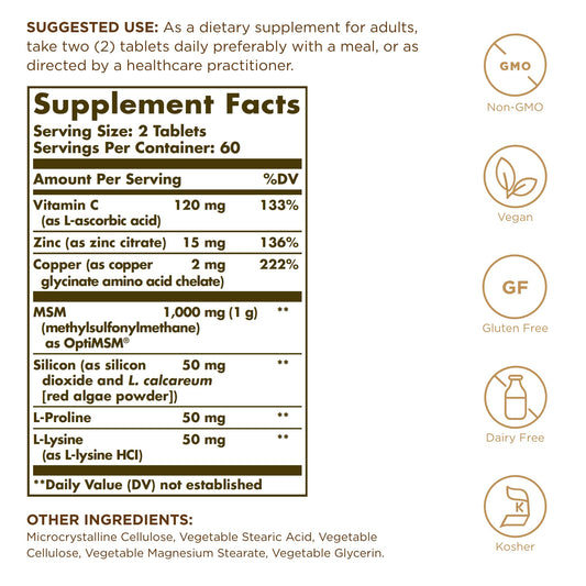 Solgar tablets close-up highlighting MSM and zinc benefits for connective tissue.