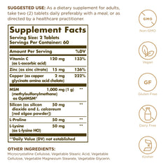 Solgar tablets close-up highlighting MSM and zinc benefits for connective tissue.