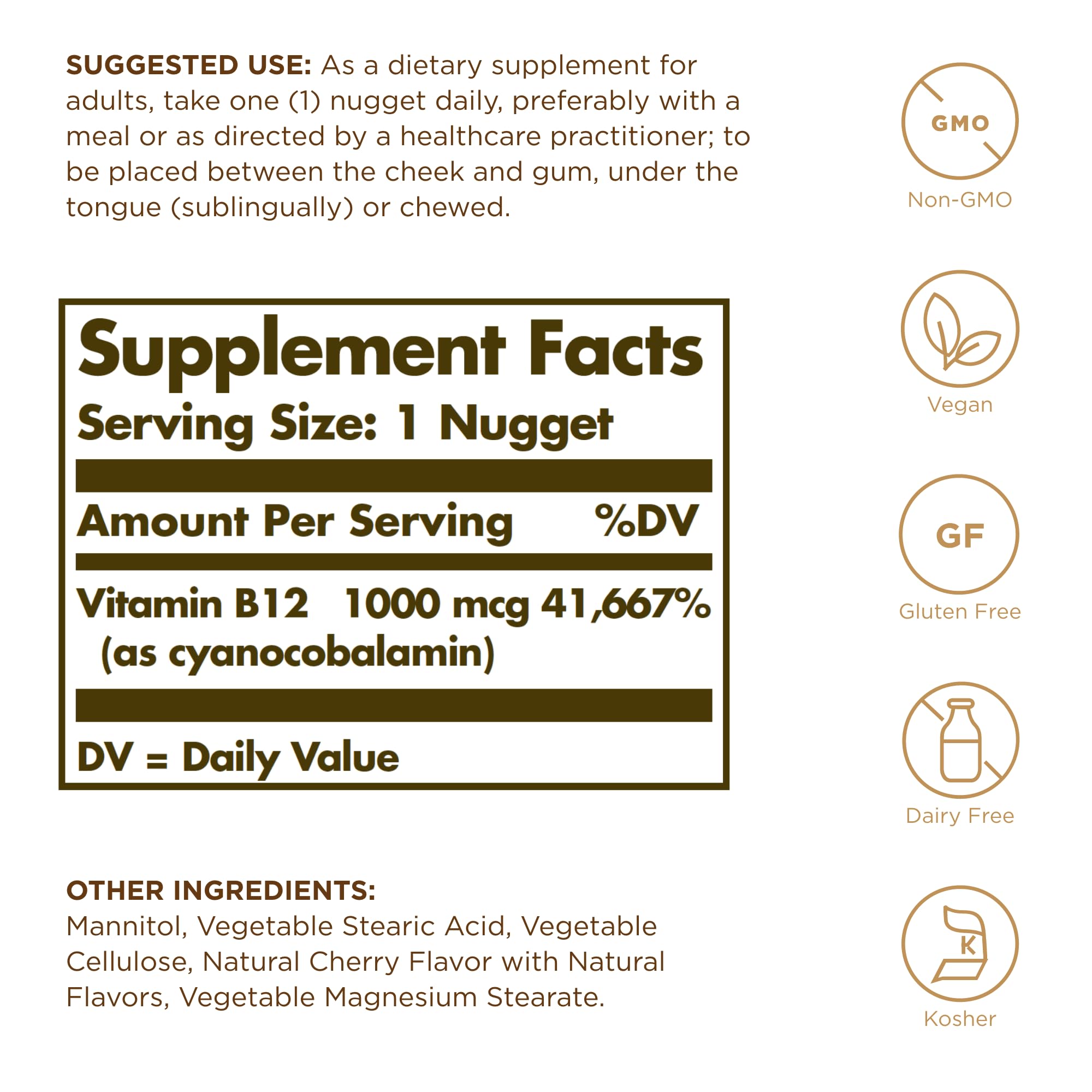 Close-up of Solgar B12 nuggets, tiny and easy-to-dissolve for daily use.