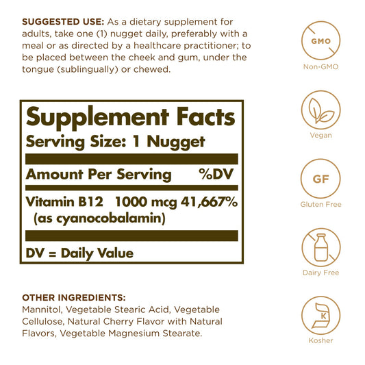 Close-up of Solgar B12 nuggets, tiny and easy-to-dissolve for daily use.
