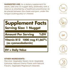 Close-up of Solgar B12 nuggets, tiny and easy-to-dissolve for daily use.
