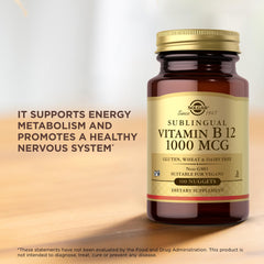 Solgar Sublingual B12 product image with serving hints for daily routines.