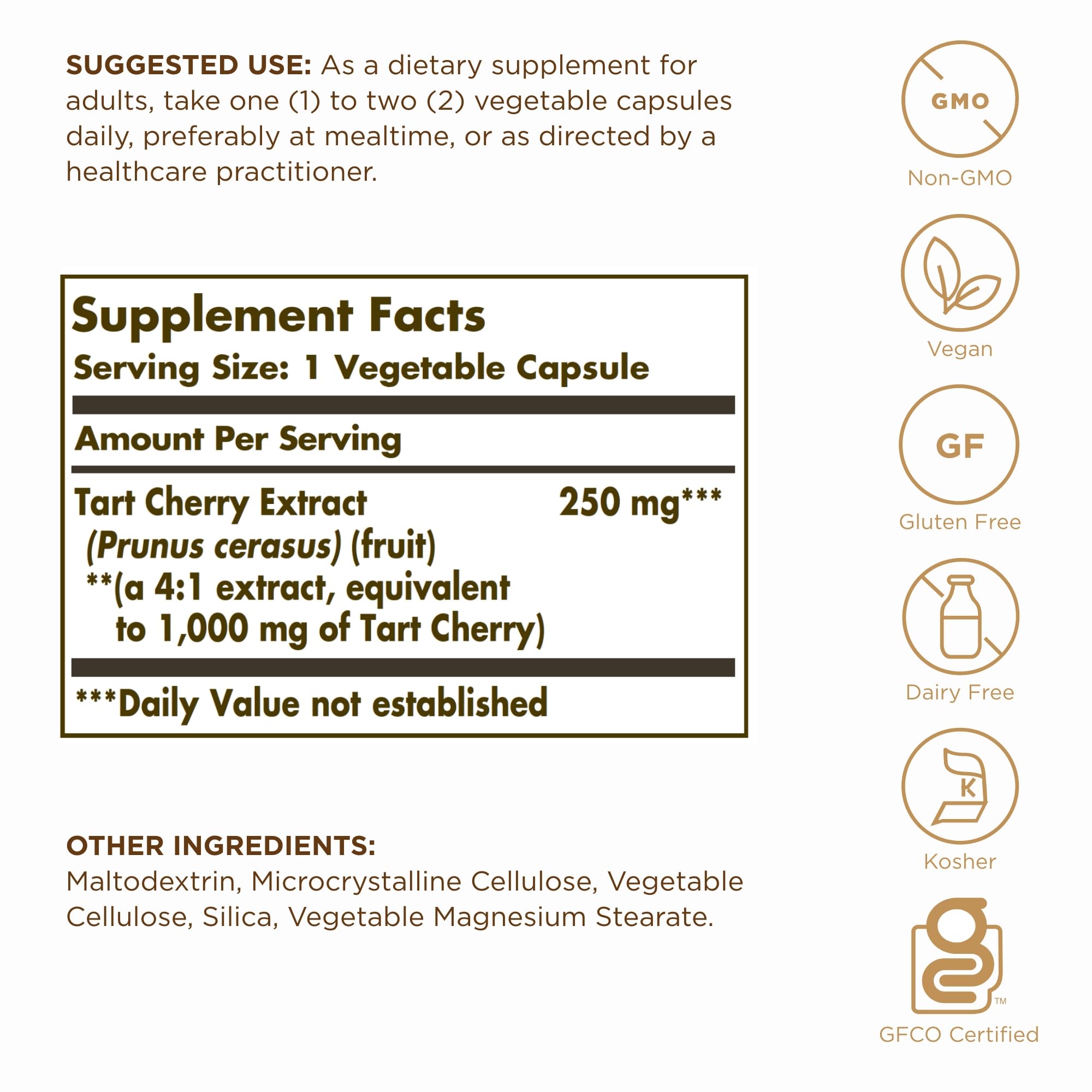Label detail highlighting a 4:1 extract and polyphenol content in Solgar Tart Cherry.