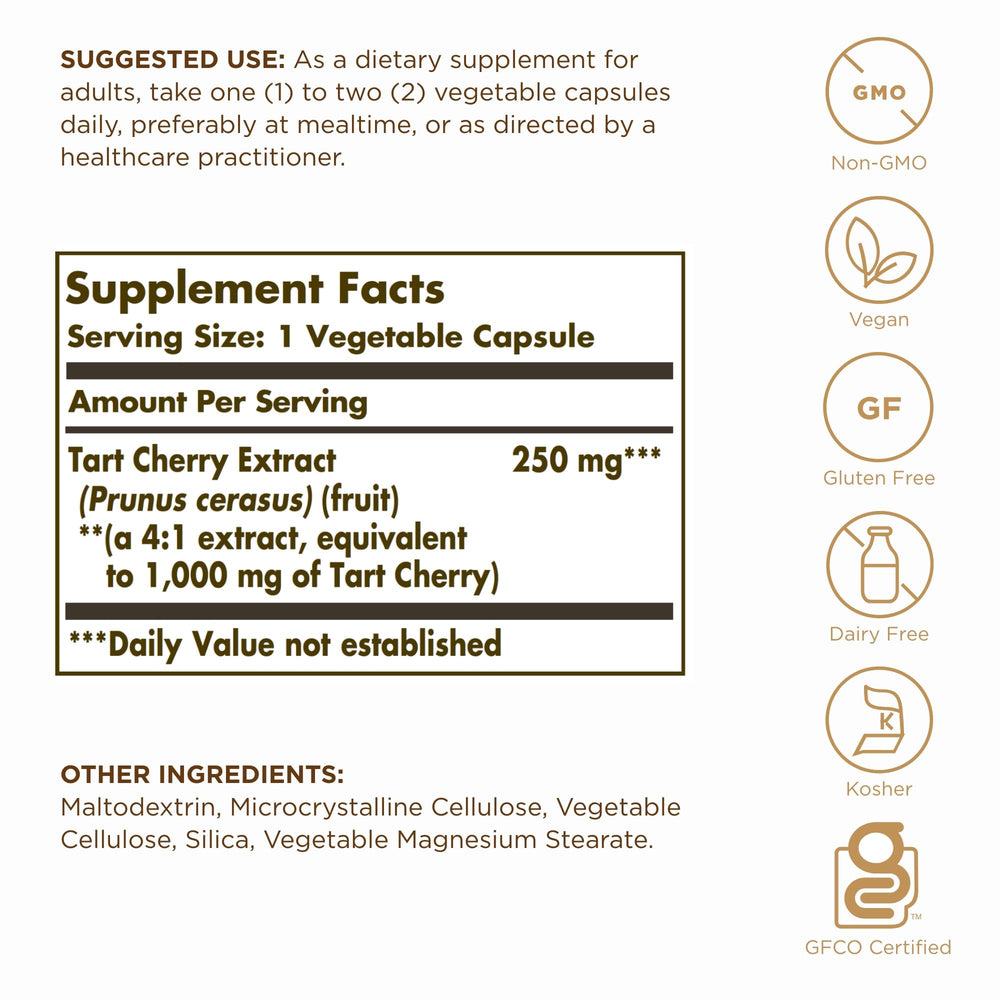 Label detail highlighting a 4:1 extract and polyphenol content in Solgar Tart Cherry.