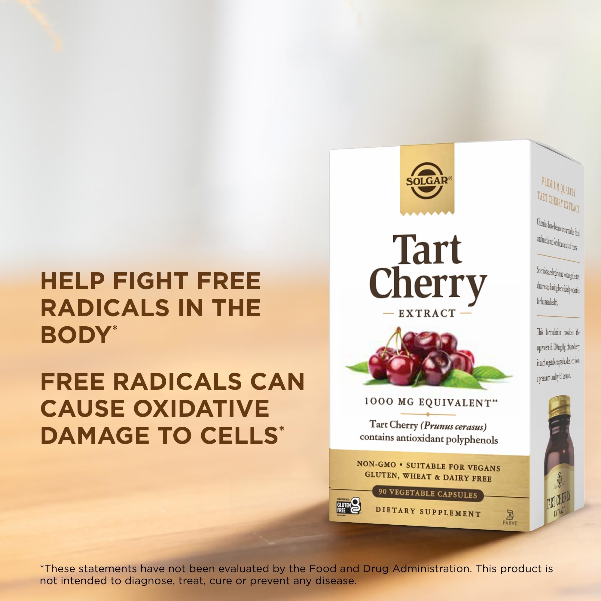 Pour-ready Tart Cherry capsules image showcasing easy daily dosage with Solgar.