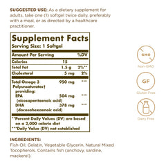 Close-up of Solgar Omega-3 950 softgels highlighting purity and potency