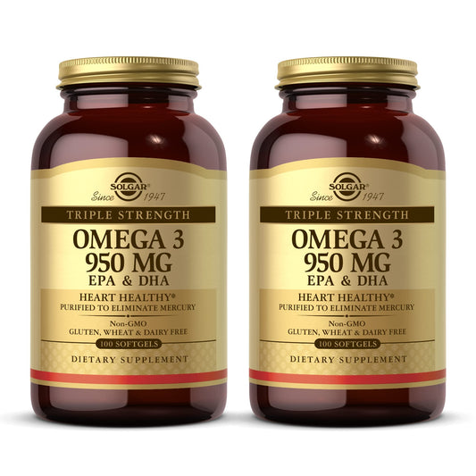 Solgar Omega-3 triple-strength bottle closeup highlighting high potency softgels for daily use.