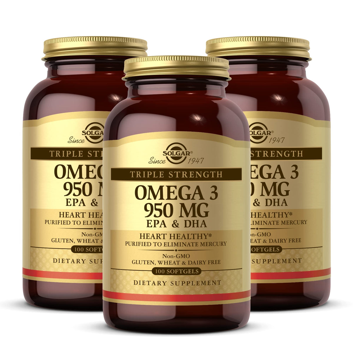 Solgar Triple Strength Omega-3 950 mg bottle highlighting high EPA and DHA for daily support.