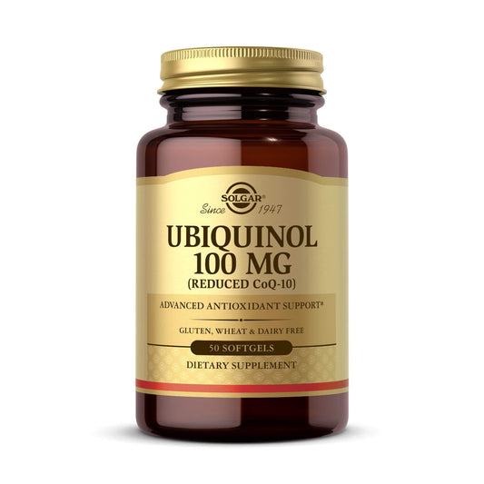 Solgar ubiquinol 100 mg softgels bottle close-up highlighting antioxidant support.