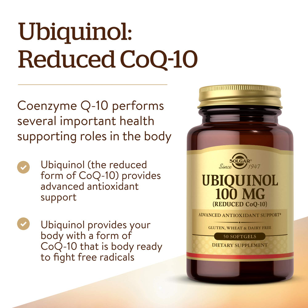 Solgar ubiquinol 100 mg softgels label front on bottle.