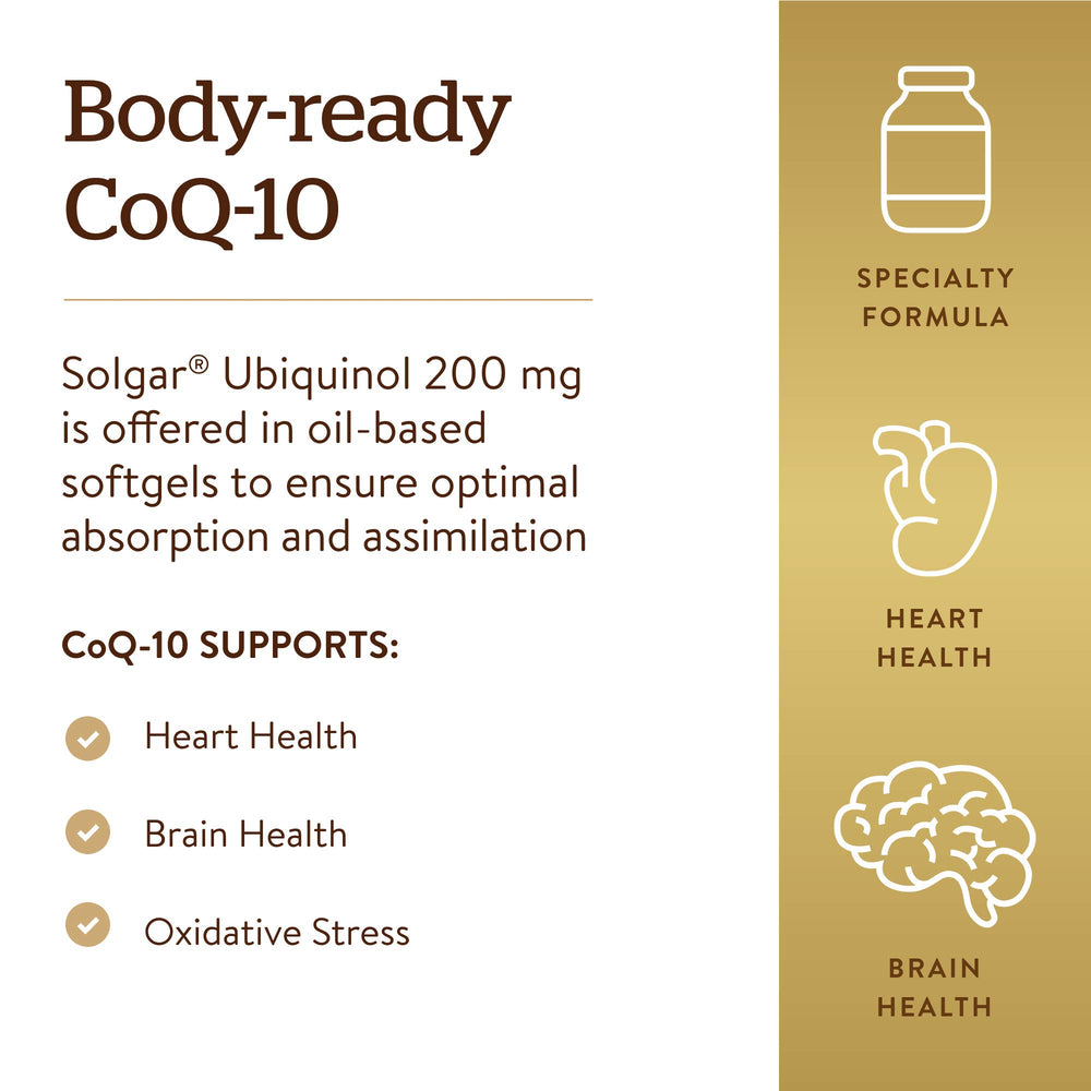 Solgar ubiquinol softgels oil-based formula close-up for absorption.