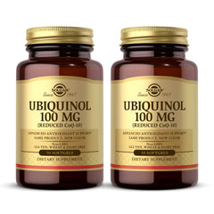 Solgar Ubiquinol 100 mg softgels bottle front highlights antioxidant support.