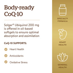 Solgar Ubiquinol 200 mg softgel surface emphasizes smooth intake.