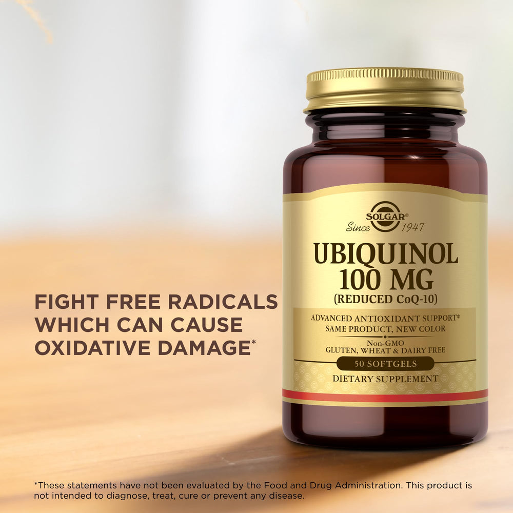 Solgar ubiquinol gluten-free and dairy-free claim on packaging.