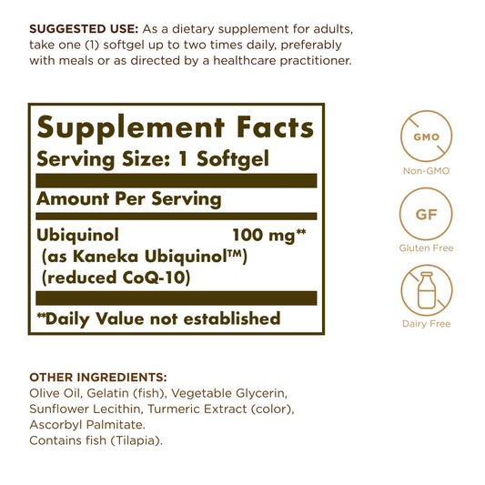 Solgar ubiquinol softgels pouring from jar for daily wellness routine.