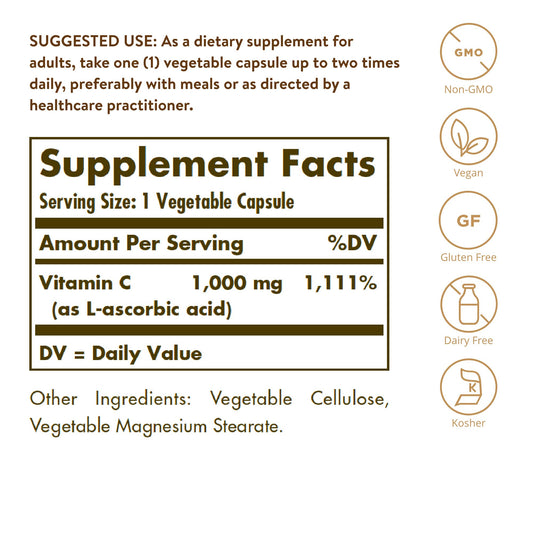 Solgar Vitamin C 1000 mg bottle label close-up highlighting vegan and non-GMO features.