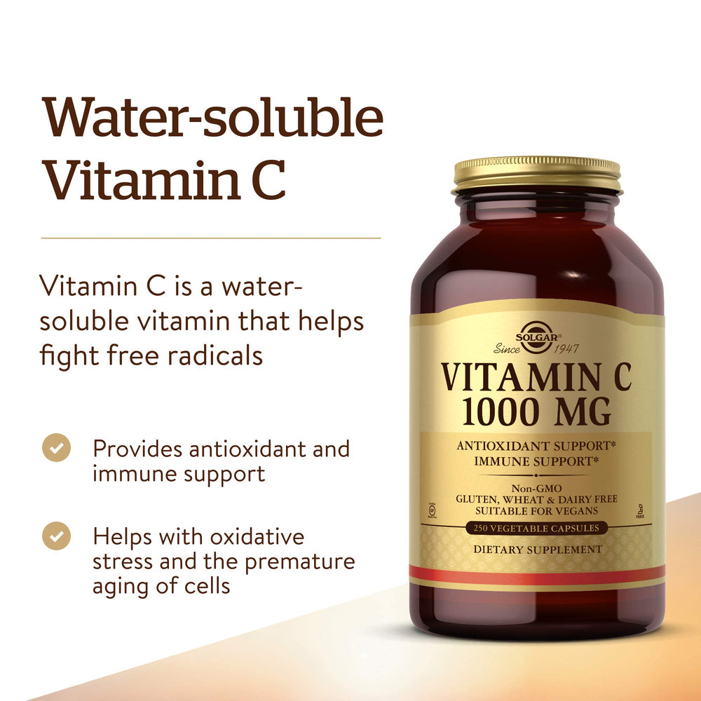 Solgar Vitamin C 1000 mg capsules poured for daily use.