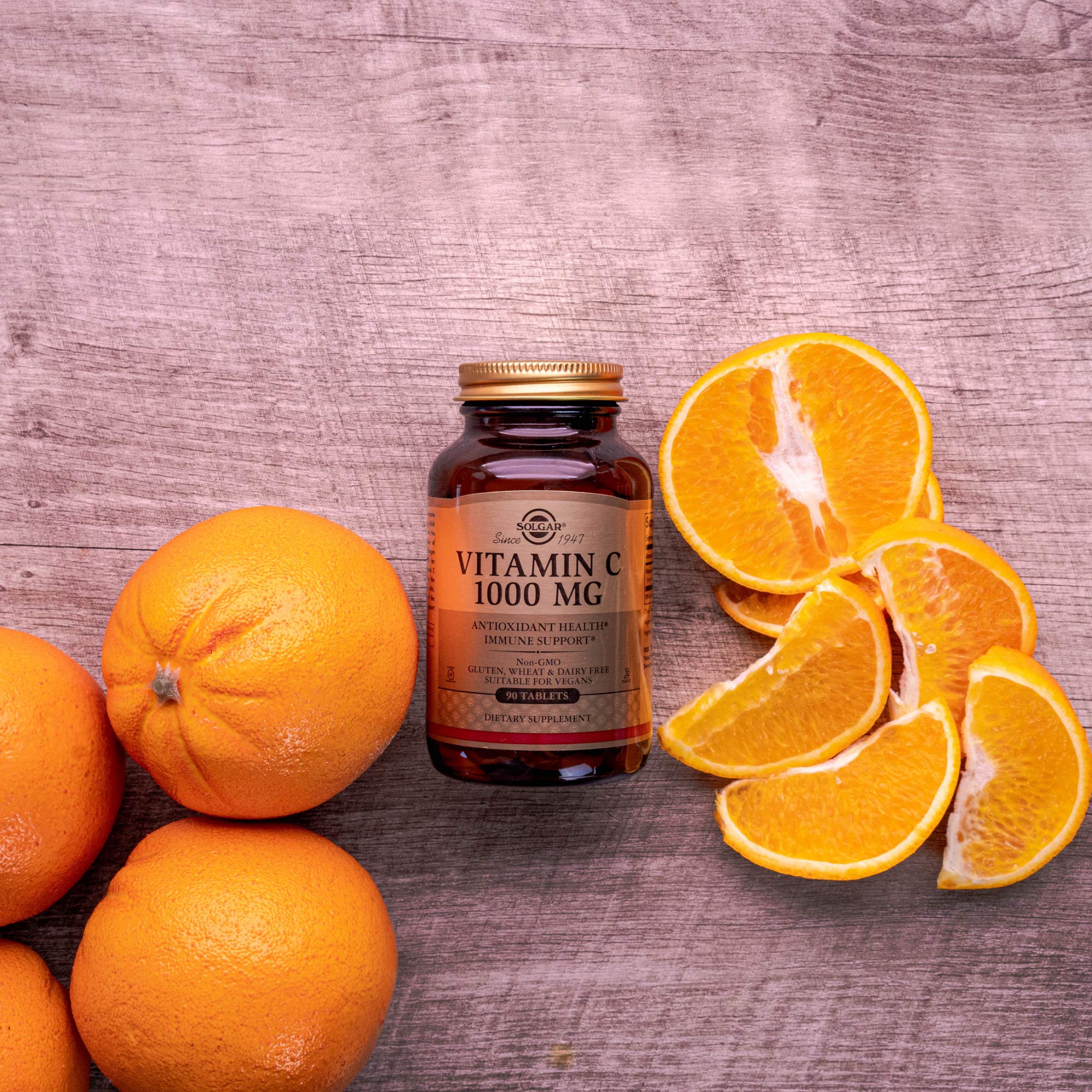 Solgar Vitamin C 1000 mg packaging with label showing gluten-free and vegan claims.