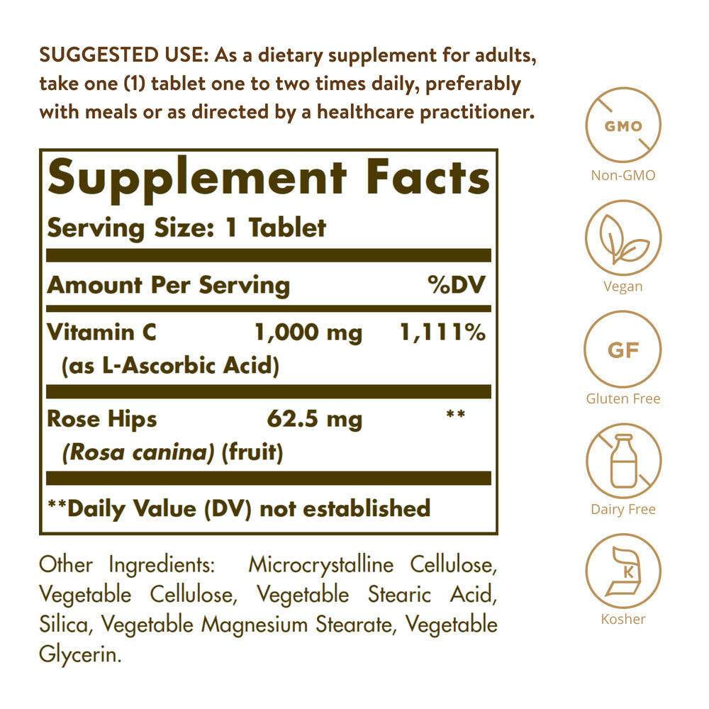Solgar Vitamin C 1000 mg tablets with Rose Hips offer antioxidant support