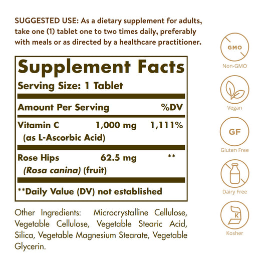 Solgar Vitamin C 1000 mg tablets with Rose Hips offer antioxidant support