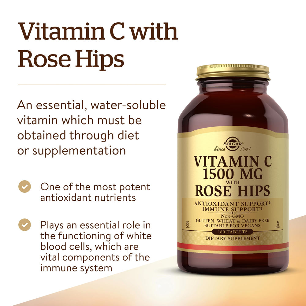 Front packaging view of Solgar Vitamin C 1500 mg with Rose Hips.