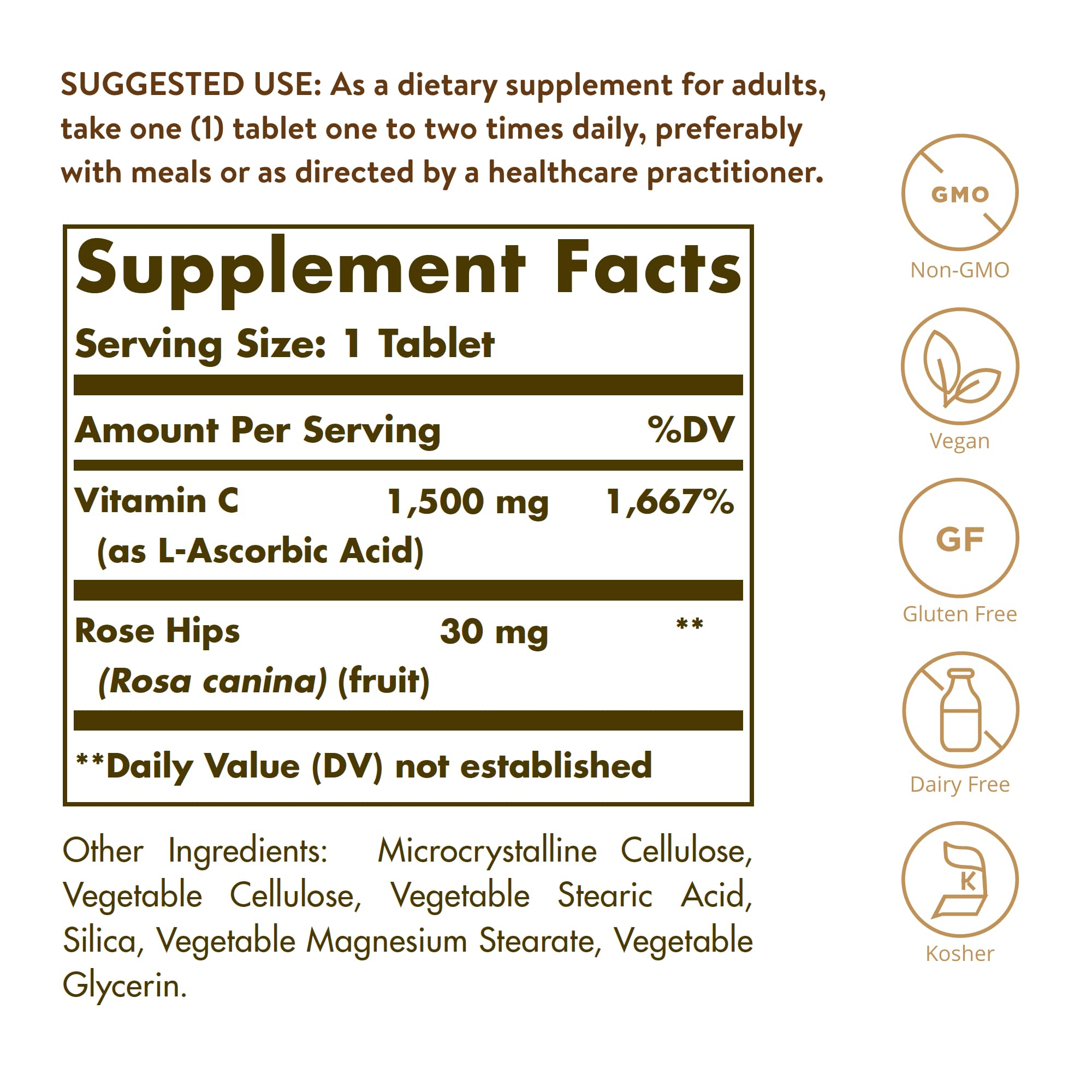 Close-up of Solgar Vitamin C 1500 mg tablets with rose hips.