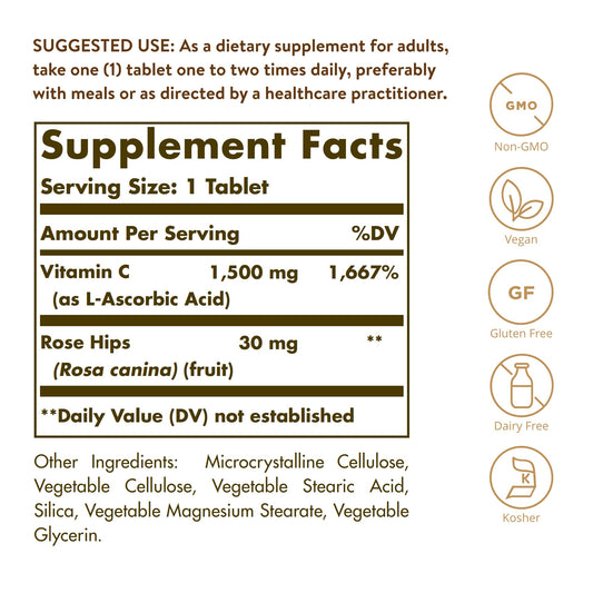 Close-up of Solgar Vitamin C 1500 mg tablets with rose hips.