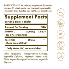 Close-up of Solgar Vitamin C 1500 mg tablets with rose hips.