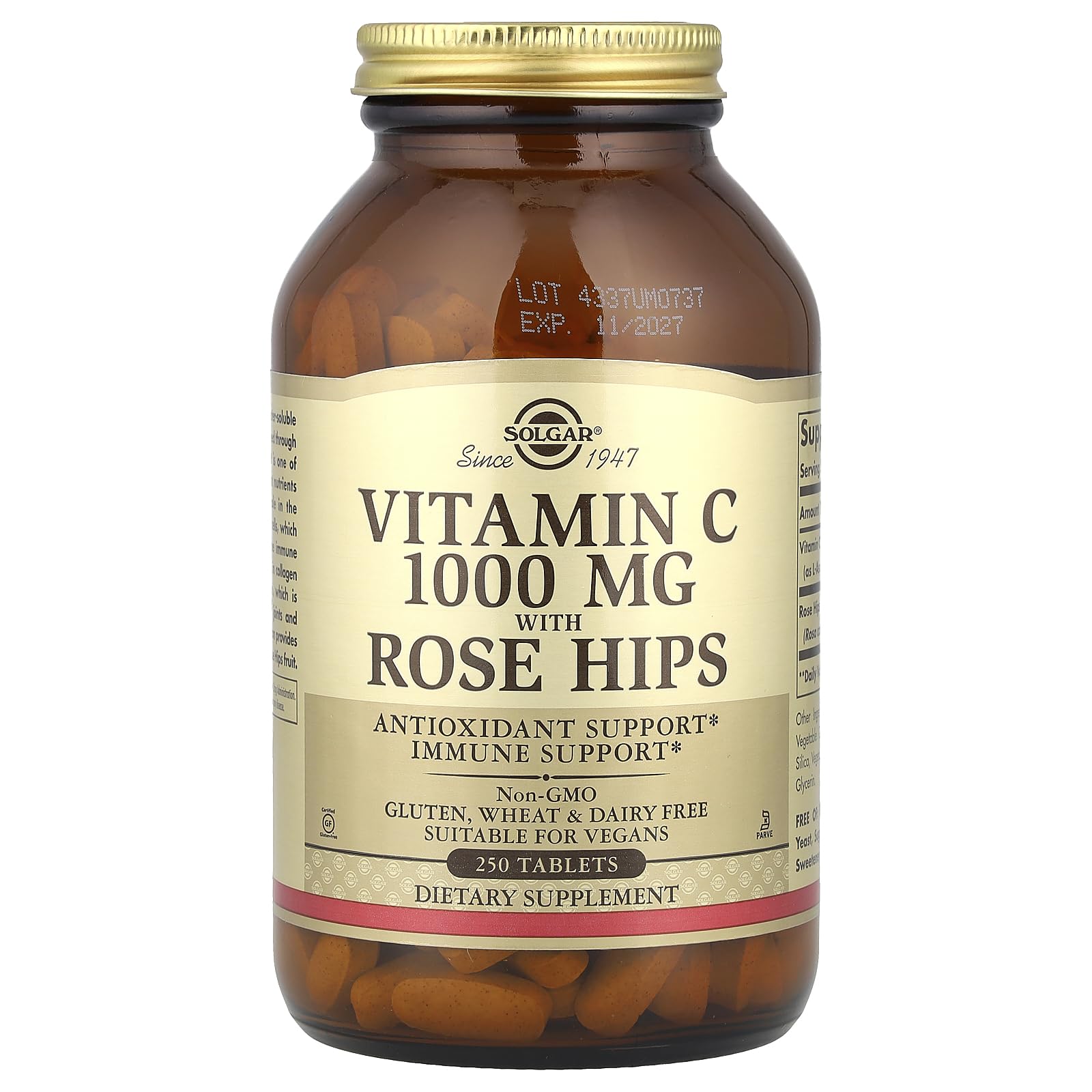 Solgar Vitamin C non-GMO label close-up highlighting gluten-free formulation