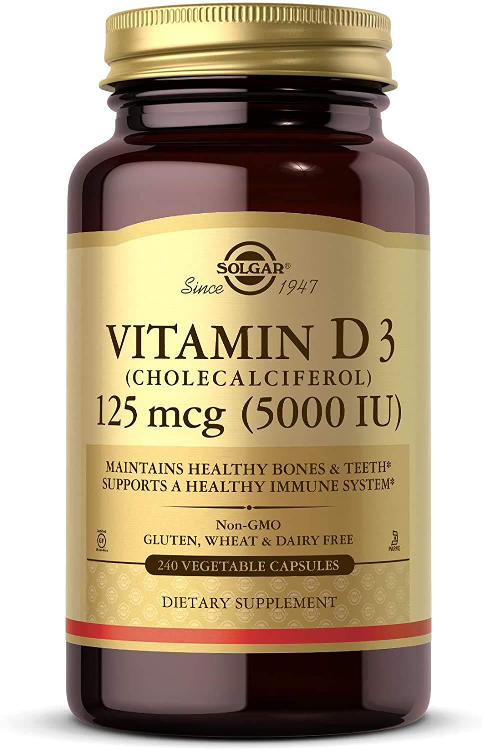 Solgar Vitamin D3 bottle and capsules, supporting bone health