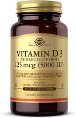 Solgar Vitamin D3 bottle and capsules, supporting bone health
