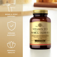 Solgar Vitamin D3 bottle with 3-pack packaging emphasizes value and continuity.