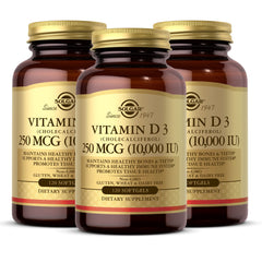 Solgar Vitamin D3 softgels outer bottle showing dosage and packaging for bone and immune support.