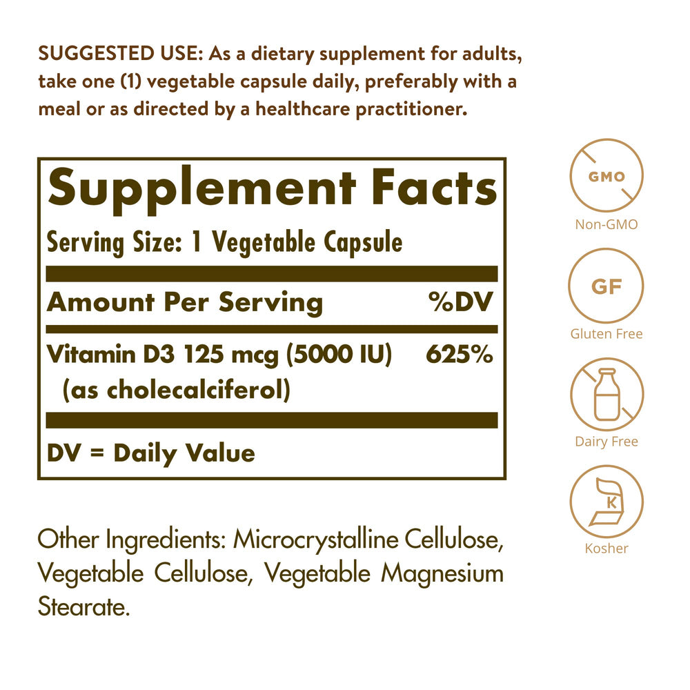 Solgar Vitamin D3 vegetable capsules, easy to swallow daily