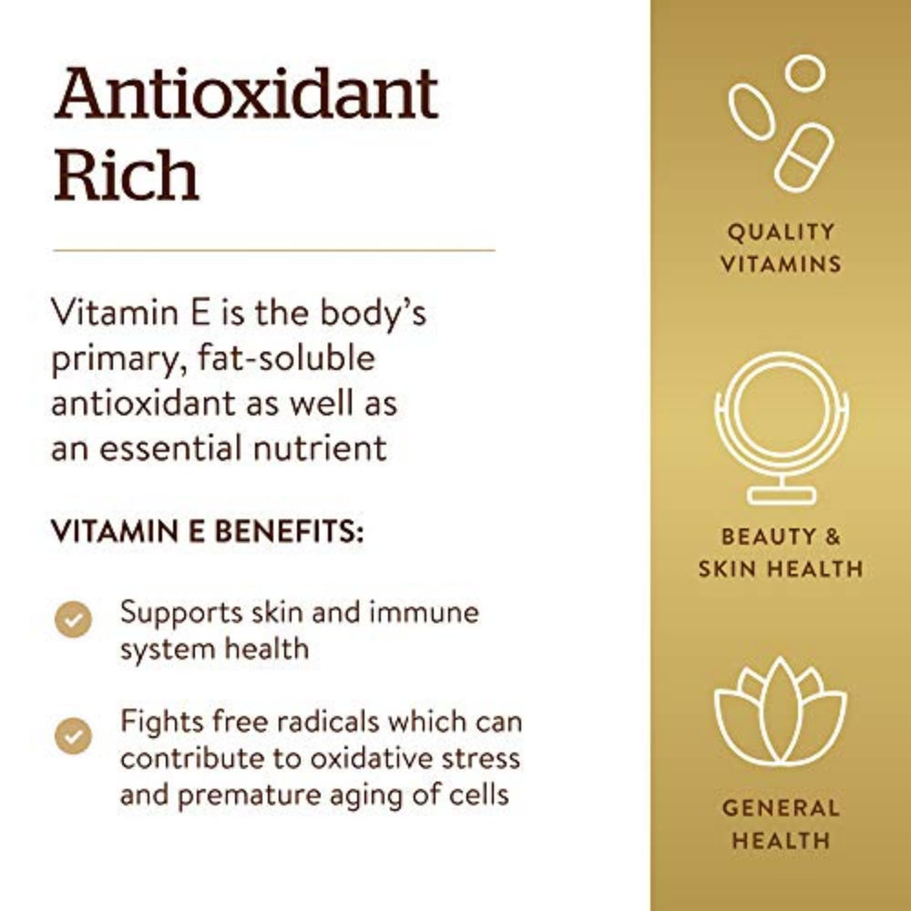 Solgar Vitamin E capsules closeup showing oil-based softgel