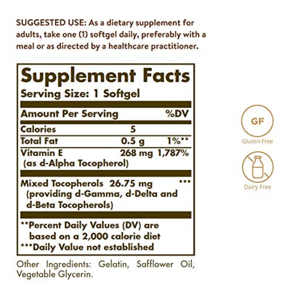 Solgar Vitamin E label closeup with natural tocopherol blend