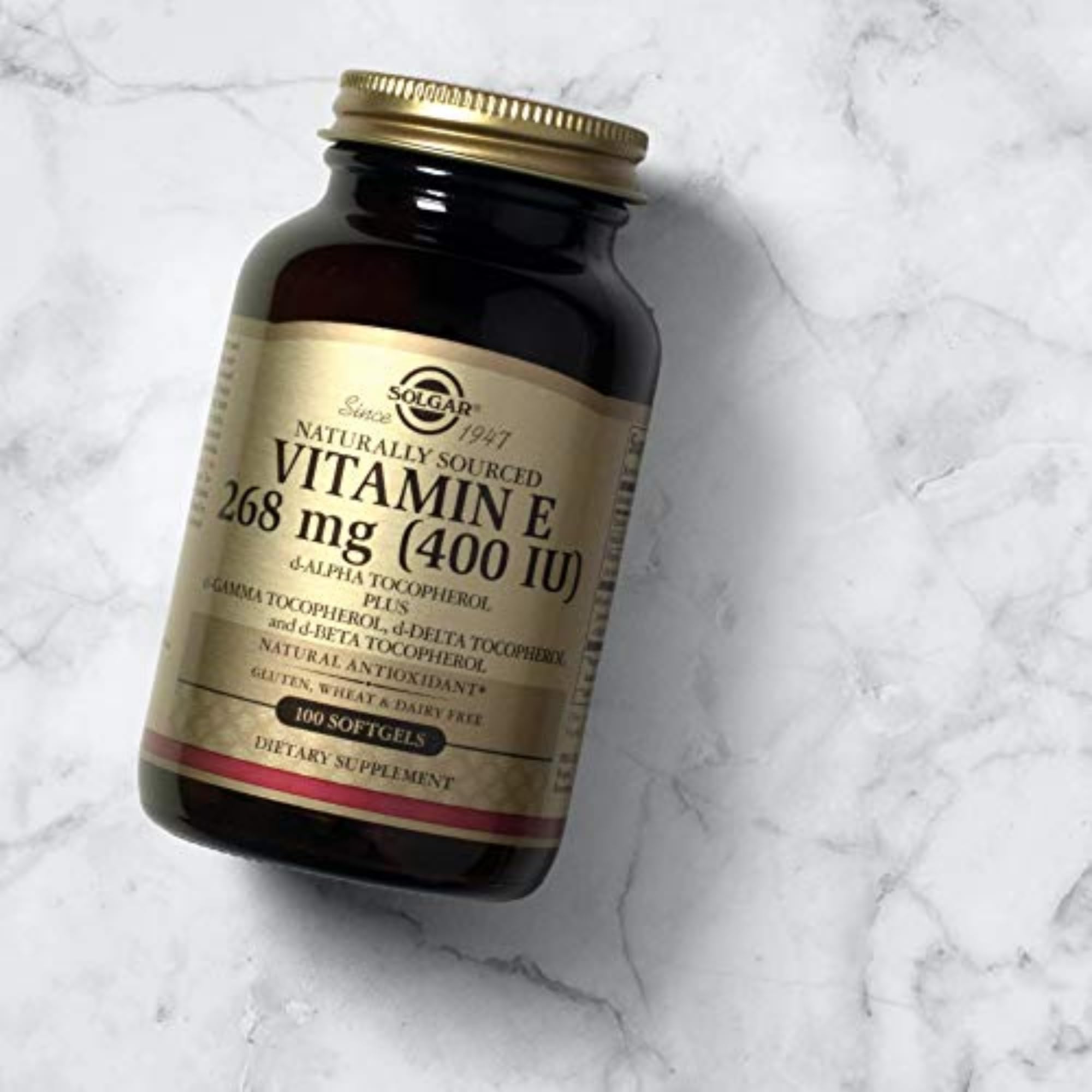 Solgar Vitamin E box and bottle scene, gluten-free and dairy-free