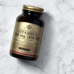 Solgar Vitamin E box and bottle scene, gluten-free and dairy-free