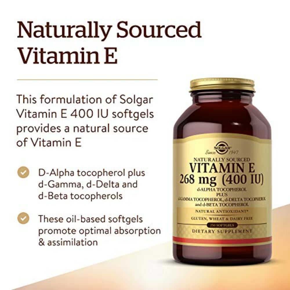 Solgar Vitamin E softgel being poured from the bottle