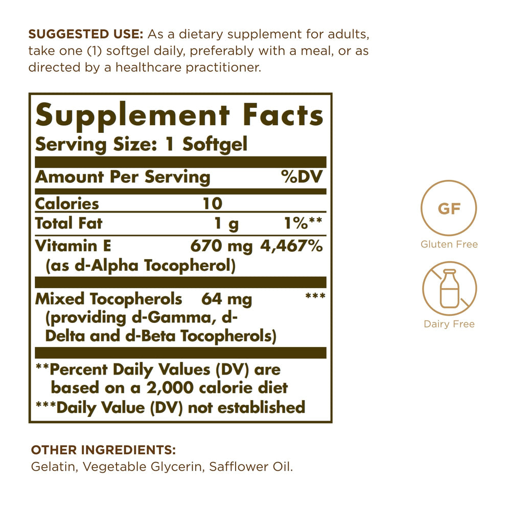 Solgar Vitamin E 670 mg softgels close-up highlighting oil-based capsules