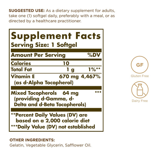 Solgar Vitamin E 670 mg softgels close-up highlighting oil-based capsules