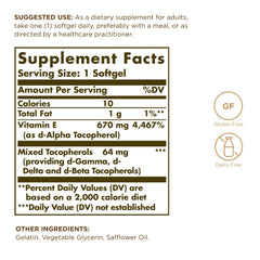 Solgar Vitamin E 670 mg softgels close-up highlighting oil-based capsules