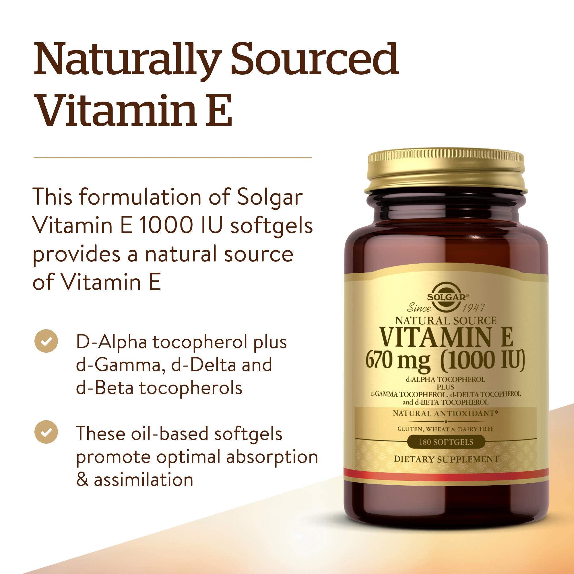 Solgar Vitamin E 670 mg ingredient panel highlighting d-alpha tocopherol and mixed tocopherols.
